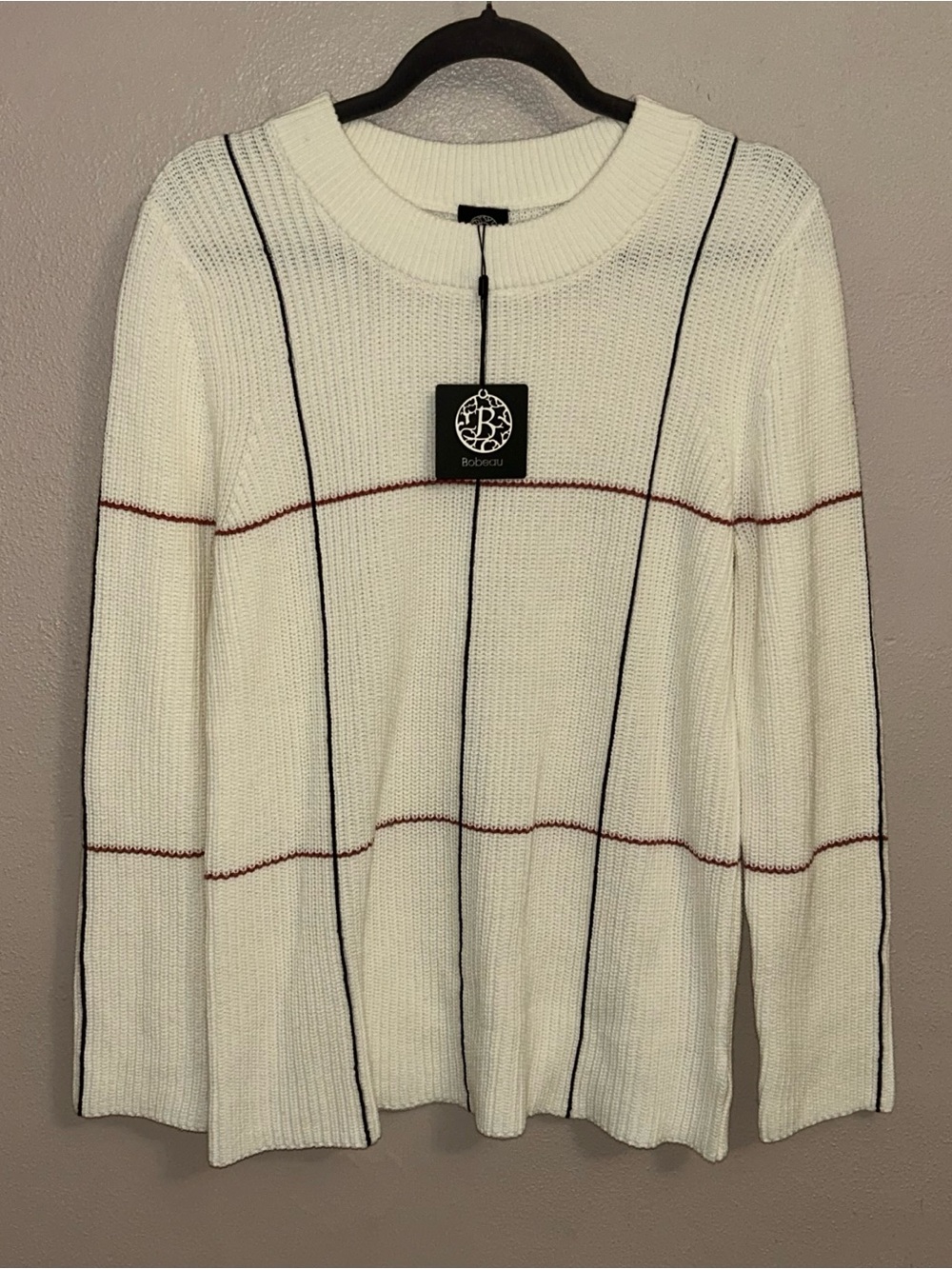 bobeau Cream Ribbed Crew Sweater with Navy and Rust Trim